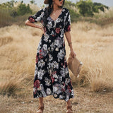 Zjkrl - Summer Sexy Floral Print Dress Women Casual High Waist V-Neck Dress Women Split A-Line Dress Vestidos Femme Dress Outwear