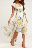 Zjkrl - Elegant Floral Frenulum With Belt Irregular Dress Dresses