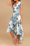 Zjkrl - Elegant Floral Frenulum With Belt Irregular Dress Dresses