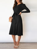 Zjkrl - High Waisted Long Sleeves Solid Color Tied Waist Round-Neck Midi Dresses Sweater Dresses