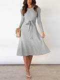 Zjkrl - High Waisted Long Sleeves Solid Color Tied Waist Round-Neck Midi Dresses Sweater Dresses