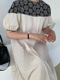 Zjkrl - Vintage Crew Neck Heavy Embroidered Puff Sleeve Pleated Dress