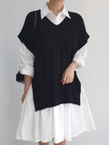Zjkrl - Split Knit Vest + Lapel Long Sleeve Shirt Dress