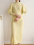 Zjkrl - Original Creation Loose Long Sleeves Pleated Solid Color High-Neck Midi Dresses