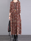 Zjkrl - Casual Long Sleeves Loose Floral Printed Round-Neck Midi Dresses