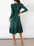 Zjkrl - High Waisted Long Sleeves Solid Color Tied Waist Round-Neck Midi Dresses Sweater Dresses