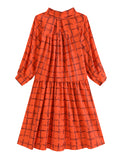 Zjkrl - Original Creation Loose Puff Sleeves Plaid High-Neck Midi Dresses