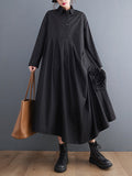 Zjkrl - Urban Floral Applique Pleated Long Sleeves Shirt Dress Midi Dress