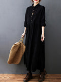 Zjkrl - Vintage Split-Joint Solid Color Long Sleeves Lapel A-Line Corduroy Midi Dress