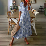 Zjkrl - Women'S Half Sleeve Floral Print  V Neck Casual Geometric Maxi Dress