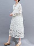 Zjkrl - A-Line Long Sleeves Hollow Round-Neck Midi Dresses