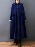 Zjkrl - Vintage Split-Joint Solid Color Long Sleeves Lapel A-Line Corduroy Midi Dress