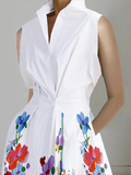 Zjkrl - Loose Sleeveless Contrast Color Floral Printed Lapel Collar Midi Dresses