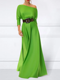 Zjkrl - Loose Three-Quarter Sleeves Solid Color Off-The-Shoulder Maxi Dresses