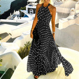 Zjkrl - Fashion Sexy Halter Print Pleated Long Dress Women Sweet O Neck Beach Maxi Dress