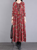 Zjkrl - Casual Long Sleeves Loose Floral Printed Round-Neck Midi Dresses