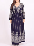 Zjkrl - Long Sleeves Floral Printed Split-Joint V-Neck Maxi Dresses Plus Dresses