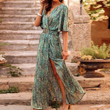 Zjkrl - Printed V-Neck Slit Maxi Dress