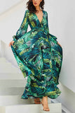 Zjkrl -  V-Neck Leaf Print Maxi Dress