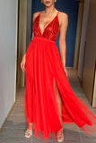 Zjkrl - Red Sexy Formal Solid Sequins Patchwork Backless Slit Spaghetti Strap Evening Dress Dresses