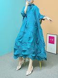 Zjkrl - Long Sleeves Loose Pleated Solid Color Stand Collar Maxi Dresses