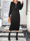 Zjkrl - Long Sleeves Loose Buttoned Split-Joint Round-Neck Midi Dresses Sweater Dresses