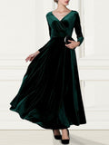 Zjkrl - Elegant Solid Long Sleeved V-neck Velvet Maxi Dresses