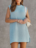 Zjkrl - Loose Sleeveless Solid Color Split-Joint Tied Waist Round-Neck Mini Dresses Sweater Dresses