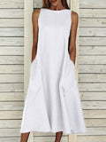 Zjkrl - Summer Crew Neck Solid Cotton Blend Sleeveless Pocket Dress