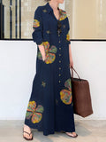 Zjkrl - Vintage Floral Printed Lapel Oversize Maxi Dress