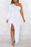 Zjkrl - White Sexy Formal Solid Backless Slit Oblique Collar Long Sleeve Dresses