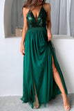 Zjkrl - Red Sexy Formal Solid Sequins Patchwork Backless Slit Spaghetti Strap Evening Dress Dresses