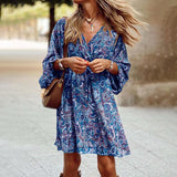 Zjkrl - Boho Tribal Printed V Neck Long Sleeve Mini Dress