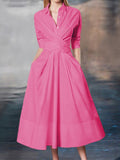 Zjkrl - Stylish A-Line Long Sleeves Pleated Solid Color Lapel Midi Dresses