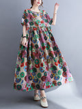 Zjkrl - Vintage Loose Multi-Colored Floral Printed Midi Dress