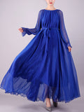 Zjkrl - Long Sleeves Loose Falbala Gauze Pleated Solid Color Tied Waist Round-Neck Maxi Dresses