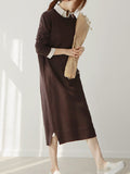 Zjkrl - Urban Long Sleeves Loose Split-Side Solid Color Round-Neck Sweater Dresses