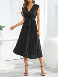 Zjkrl - Sleeveless Pleated Solid Color Tied Waist V-Neck Midi Dresses