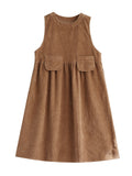 Zjkrl - Vintage Solid Color A-Line Sleeveless Corduroy Midi Dress