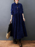 Zjkrl - Vintage Split-Joint Solid Color Long Sleeves Lapel A-Line Corduroy Midi Dress