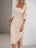 Zjkrl - Long Sleeves Skinny Solid Color Split-Side Square-Neck Sweater Dresses