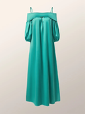 Zjkrl - Simple Loose Puff Sleeves Solid Color Off-The-Shoulder Maxi Dresses