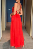 Zjkrl - Red Sexy Formal Solid Sequins Patchwork Backless Slit Spaghetti Strap Evening Dress Dresses