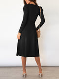 Zjkrl - High Waisted Long Sleeves Solid Color Tied Waist Round-Neck Midi Dresses Sweater Dresses