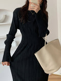 Zjkrl - Simple Long Sleeves Black Split-Joint Elasticity Waist Pleated Midi Dress