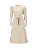 Zjkrl - High Waisted Long Sleeves Solid Color Tied Waist Round-Neck Midi Dresses Sweater Dresses