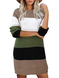 Zjkrl - Casual Long Sleeves Contrast Color Round-Neck Sweater Dresses