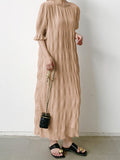 Zjkrl - Flared Sleeves Half Sleeves Pleated Solid Color Round-Neck Midi Dresses