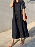 Zjkrl - Vintage Solid Color Short Sleeve Loose Casual Midi Dress