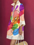 Zjkrl - Loose Three-Quarter Sleeves Buttoned Contrast Color Figure Printed Lapel Collar Mini Dresses